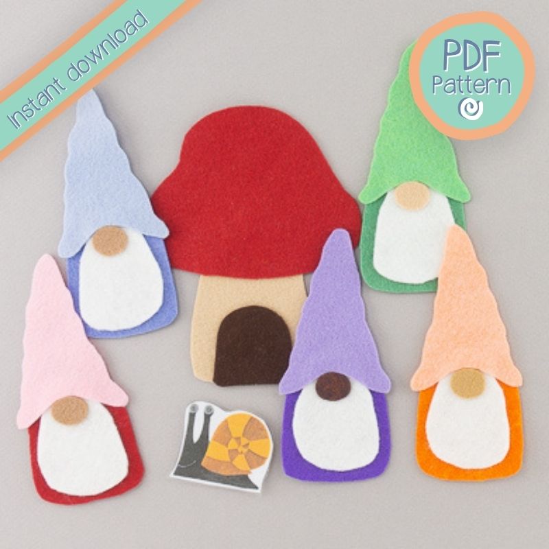 five felt gnomes and mushroom PDF pattern text
