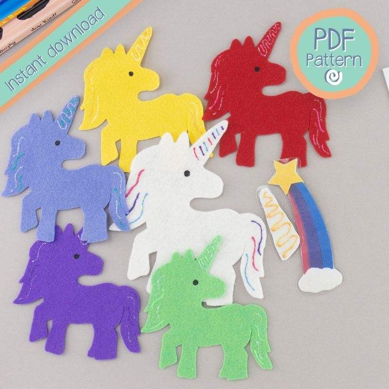 Five felt unicorns with PDF pattern text