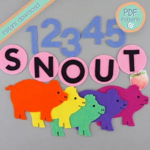 pig felt board game for preschool with numbers and letters, PDF download text overlay