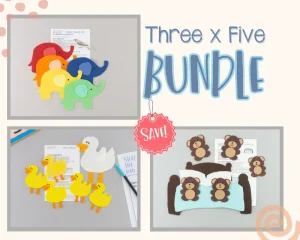 Text that says Three times Five Bundle, along with images of three felt board stories: Five Little Ducks, Five in the Bed, and Five Elephants. Save badge in the center.