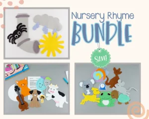 Text that say Nursery Rhyme Bundle, along with pictures of 3 felt board sets: Itsy Bitsy Spider, Hey Diddle, Diddle, and Hickory Dickory Dock. Save badge under the text.