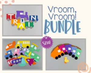 Text that says Vroom, Vroom Bundle, along with images of three transportation felt boards: Train Bingo, Five Colorful Trucks, and Transportation big set. Save badge in the middle.