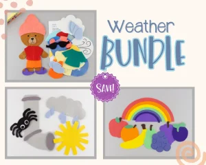 Text that says Weather Bundle, along with images of three flannel board sets: Weather Bear, Itsy Bitsy Spider, and Rainbow Stew. Save badge in the middle.