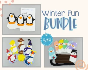 Text that says Winter Fun Bundle, along with images of 3 flannel board sets: Three Penguins, Five Snowmen Fat, and Five Snowmen riding on a sled. Sale badge in the middle.
