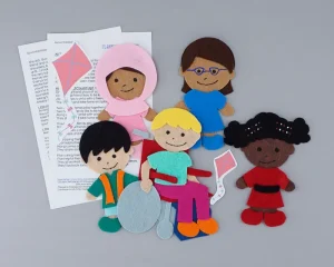felt children with varied hair colors and abilities