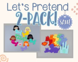 Text that says Let's Pretend 2-pack, above two felt board sets. Mermaid and Dragon felt boards on gray backgrounds, with sale badge.