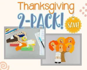 Text that says Thanksgiving 2-pack above two felt boards side by side: Five turkeys and Owl and Pie felt board sets.