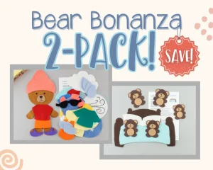 Text saying Bear Bonanza 2-pack above Two felt board sets side by side: Weather Bear and Five in the Bed