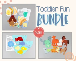 Three felt board sets: chicks, animal babies and fish with the words Toddler Fun Bundle in the upper right corner.