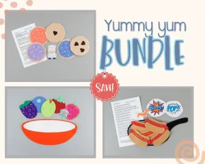 Felt board sets of cookies, berries and hot dogs, along with the words Yummy yum Bundle in upper right hand corner.