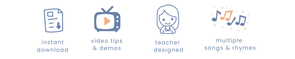 Four icons representing instant download, video tips and demos, teaher designed, and multiple songs and rhymes.